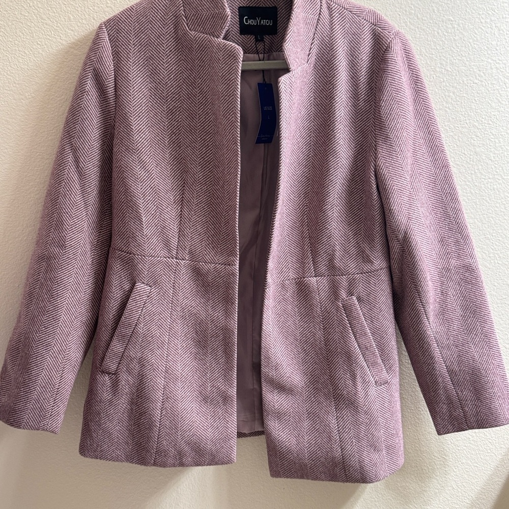 Women's Pink Herringbone Blazer - Elegant Open-Front Jacket - Picture 4 of 4